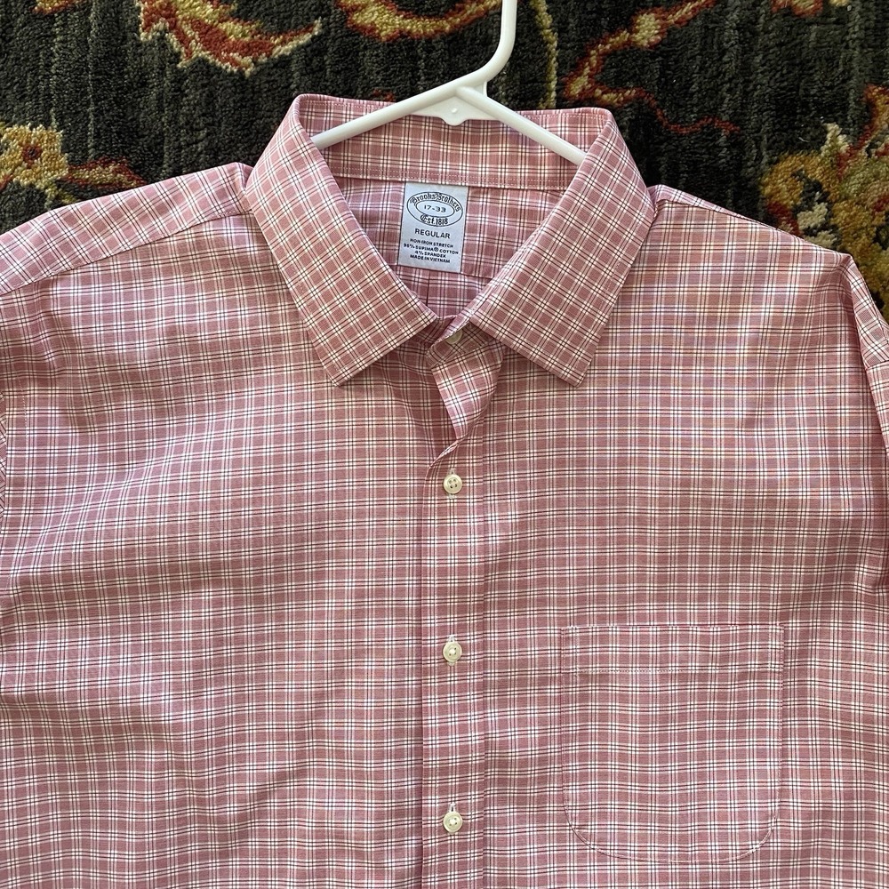 Brooks Brothers Regular Non-Iron Shirt Men 17-33 Red Check Cotton Stretch Pocket
